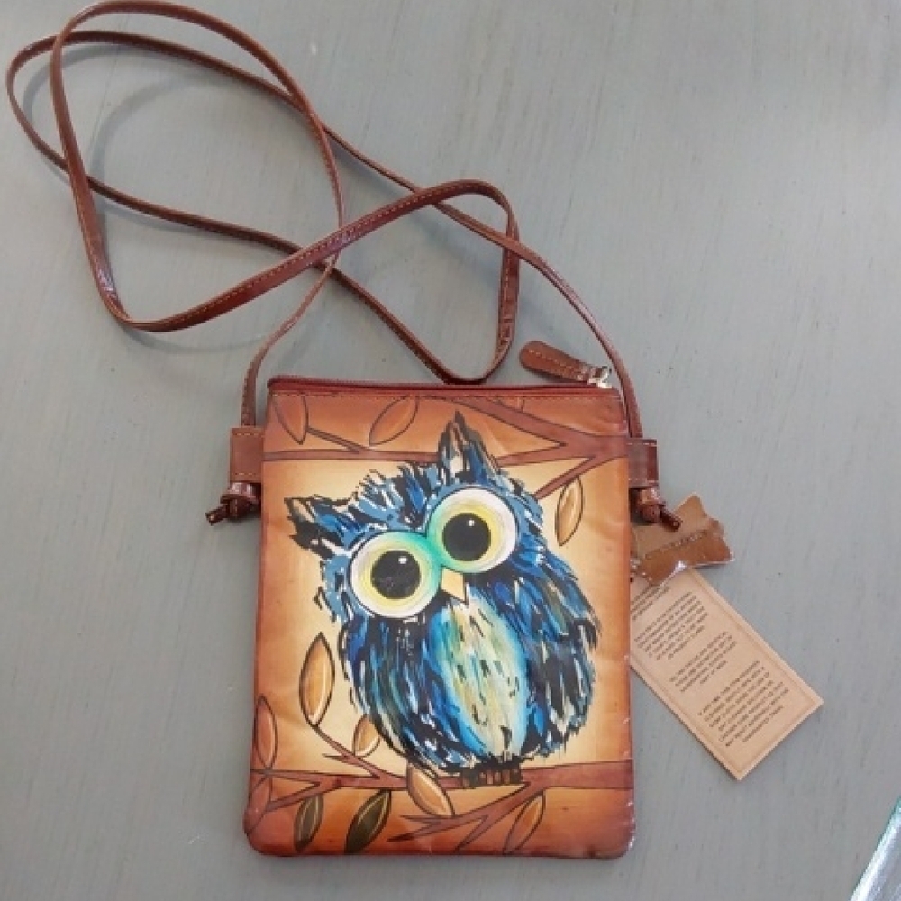 Owl Hand Painted Genuine Leather Crossbody Bag Whimsy Artsy Brown / Blue